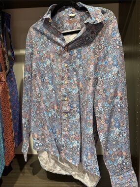 STENSTRÖMS Linen Men's Blue Floral Geo Print Button-Up Shirt